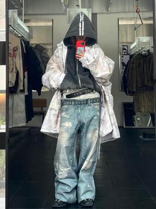 Grailz Project GR双腰数码印花破坏做旧阔腿直筒牛仔裤休闲长裤