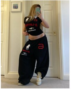 Mowalola魔娃洛拉重磅天使战马刺绣束脚裤Baggy美式休闲运动卫裤