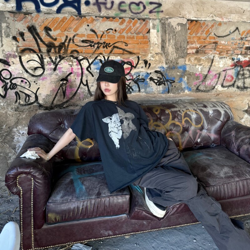 ERD忧郁富二代拼接猪人印花水洗短袖高街美式休闲潮牌流行T恤Te