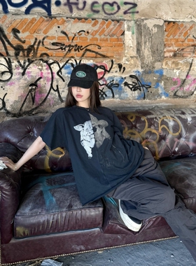 ERD忧郁富二代拼接猪人印花水洗短袖高街美式休闲潮牌流行T恤Tee