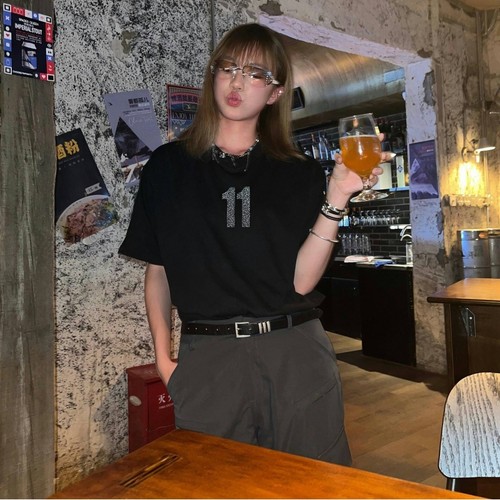 WE11DONE美式夏季烫钻数字11短袖