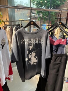 Grailz project gr渐变水洗做旧破坏复古人像短袖美式休闲宽松T恤