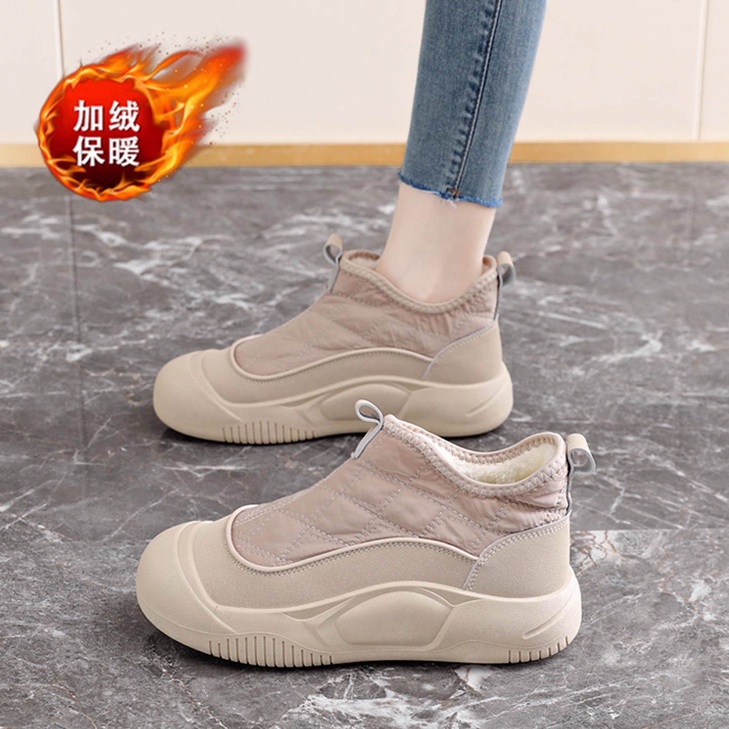 冬季加绒保暖一脚蹬真皮雪地短靴