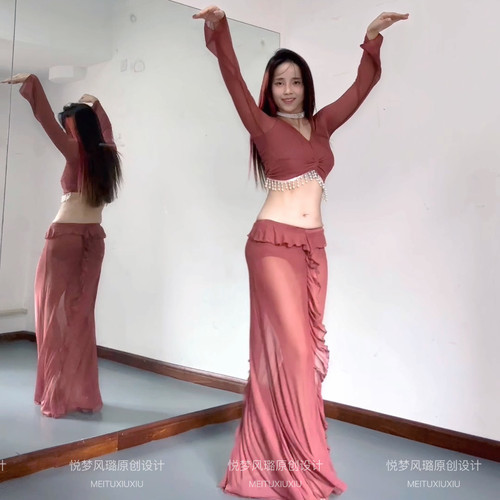悦梦风璐肚皮舞新款高级大码演出套装显瘦表演服练功服仙女气质