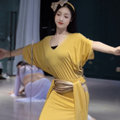 悦梦风璐肚皮舞新款 演出服班服气质练功服黄色显瘦袍子民俗 套装