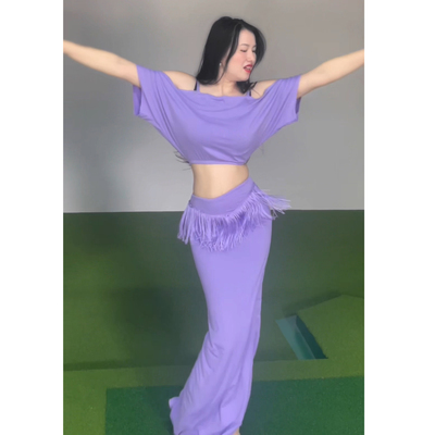 悦梦风璐肚皮舞新款套装演出服班服性感气质练功服紫色流苏初学者