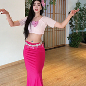悦梦风璐肚皮舞新款 演出服班服性感气质练功服粉色显瘦鱼尾裙 套装