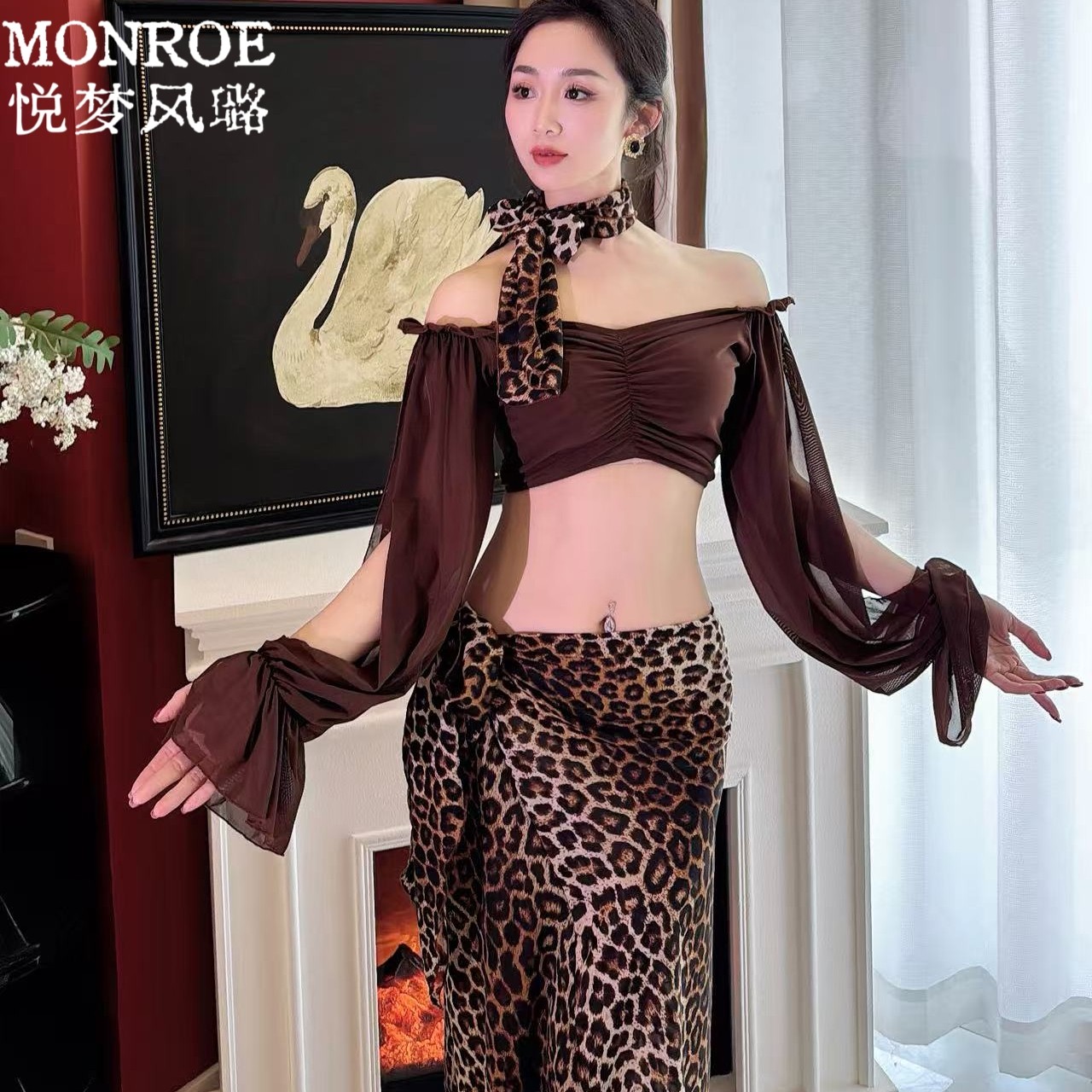 悦梦风璐肚皮舞服装新款性感豹纹上衣豹纹半身裙女演出服套装