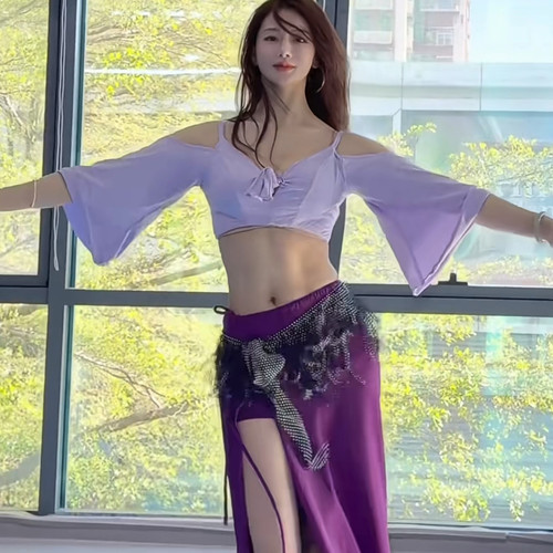 悦梦风璐肚皮舞服装新款性感紫色带胸棉上衣半身裙女演出服套装