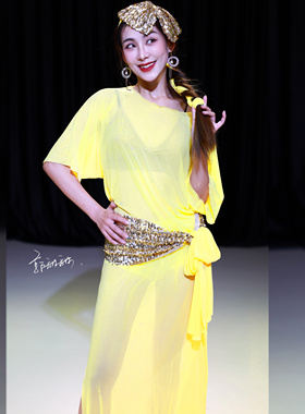 悦梦风璐肚皮舞黄色袍子民俗蝴蝶结肚皮舞东方舞演出服表演服团服