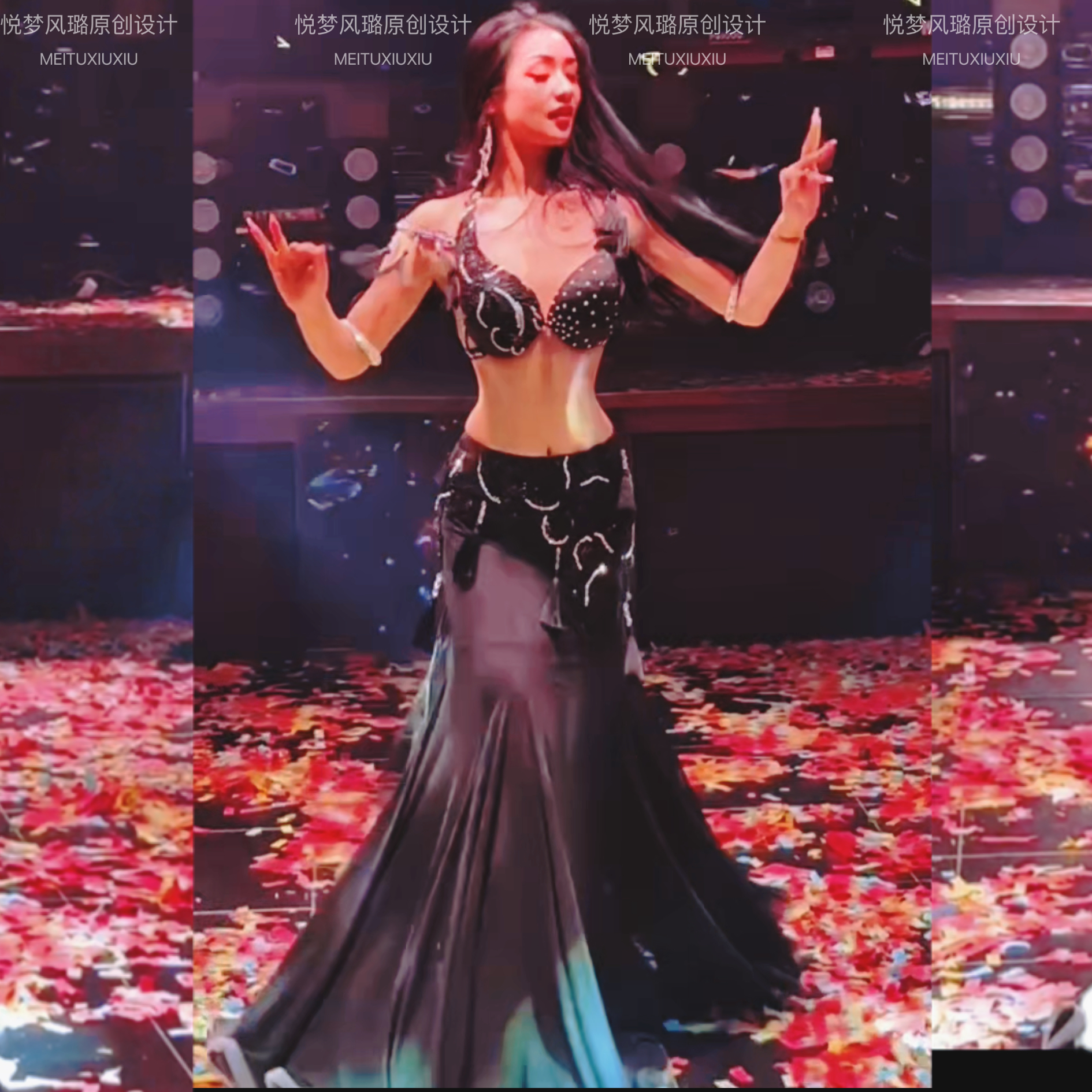 悦梦风璐肚皮舞练习服套装超美显气质演出服表演服重工款黑色烫钻