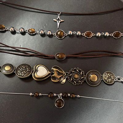 Vintage Leather Brown Stone Pendant Necklace Stacking Choker