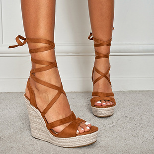 42坡跟大码女鞋弹力绑带凉鞋wedge high heels sandals for women