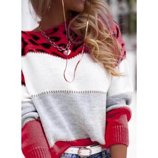 print crewneck casual Colour Women leopard sweater blocking
