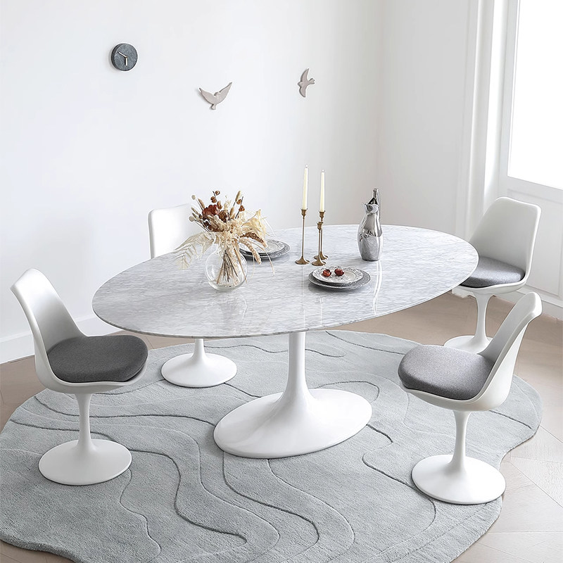 郁金香椭圆餐桌现代简约天然中花白大理石圆桌法式轻奢别墅高档桌