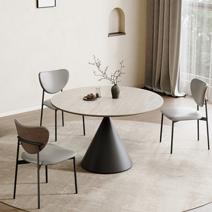洞石岩板圆桌中古风华尔兹圆形岩板餐桌椅简约小户型家用餐厅桌子