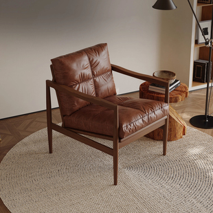 北欧实木单人沙发椅现代简约客厅阳台复古单人沙发椅中古风汉克椅