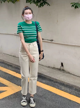 米白色牛仔裤女高腰显瘦弹力小直筒裤2026年新款小个子九分烟管裤