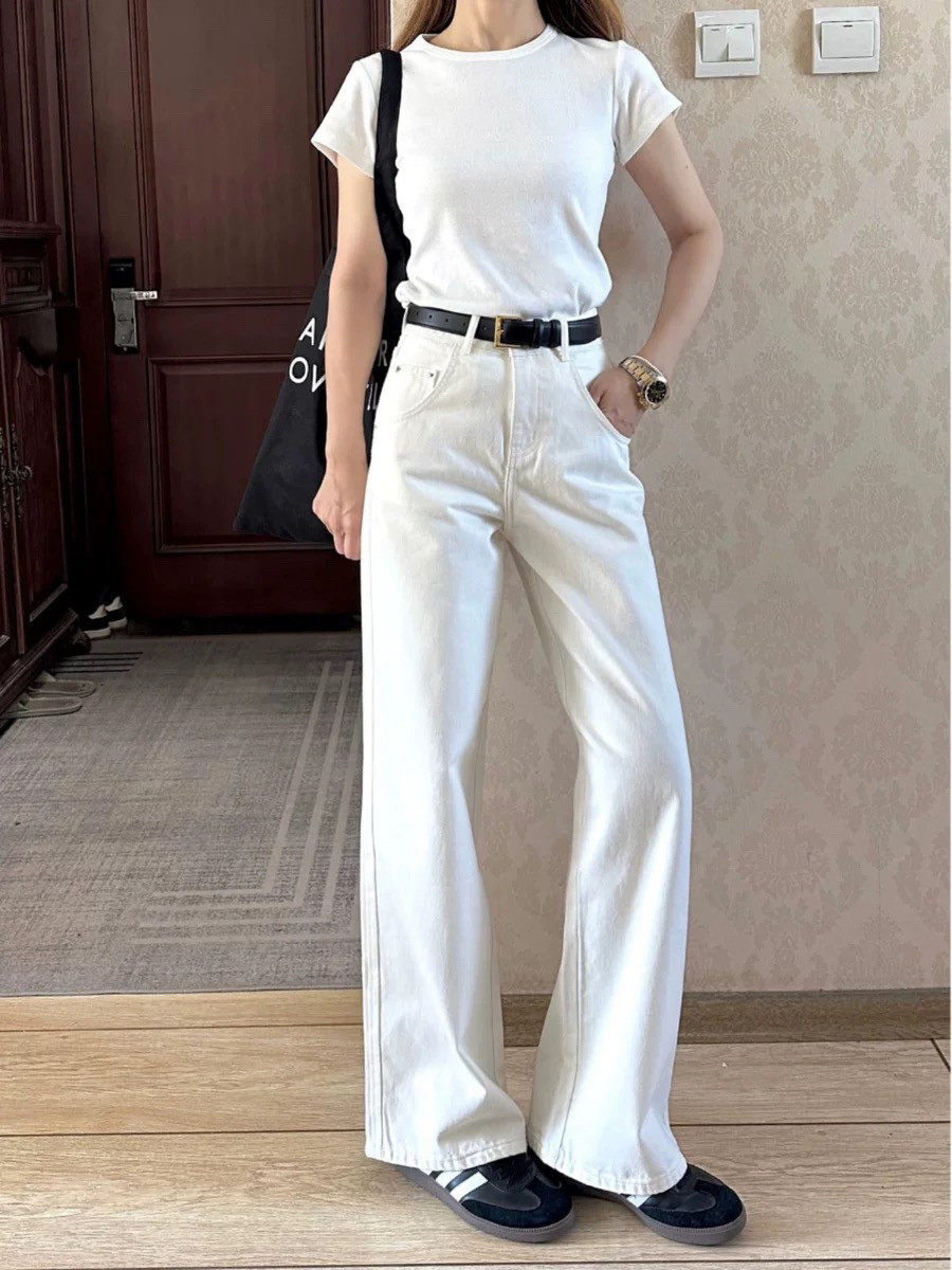 白色牛仔裤女2025春夏新款高腰显瘦宽松韩版裤子直筒裤窄版阔腿裤