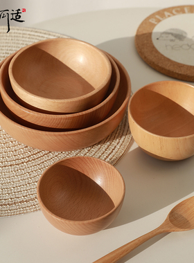 日式木碗家用无漆餐具蔬菜水果盘沙拉碗儿童木碗饭碗户外露营ins