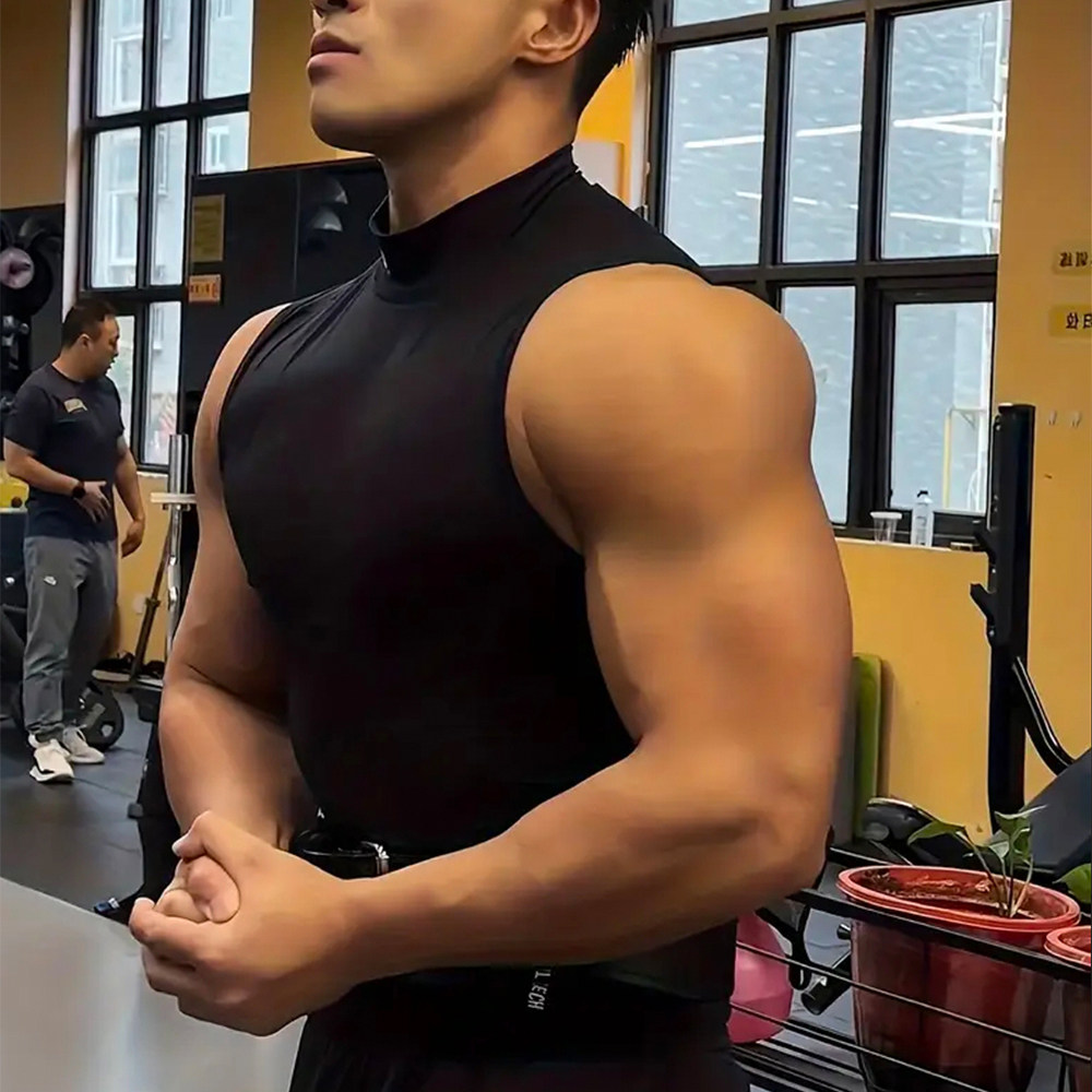高领无袖健身背心男硬汉紧身速干透气弹力训练服黑色圆领运动上衣