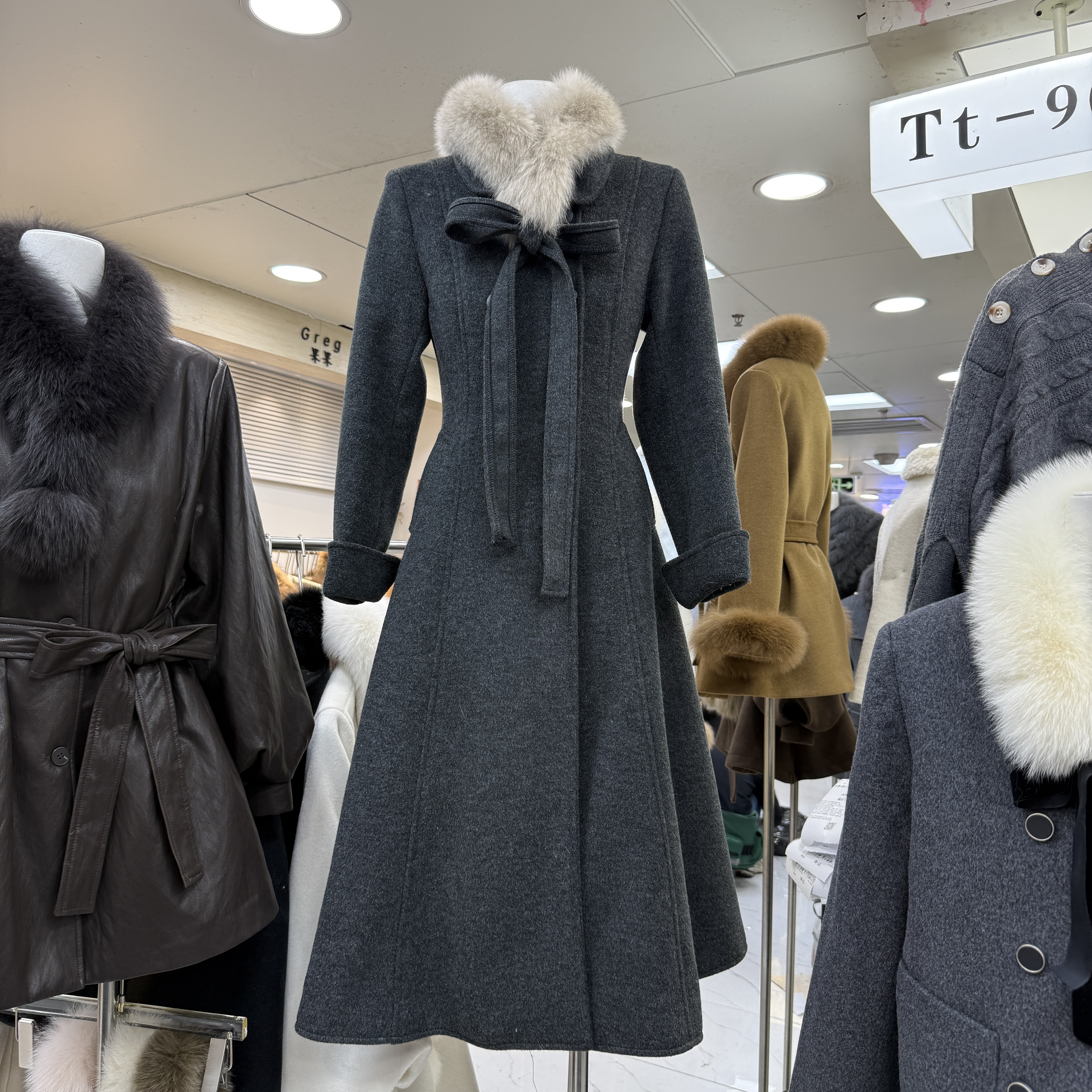 韩版系带收腰双排扣长款大衣外套