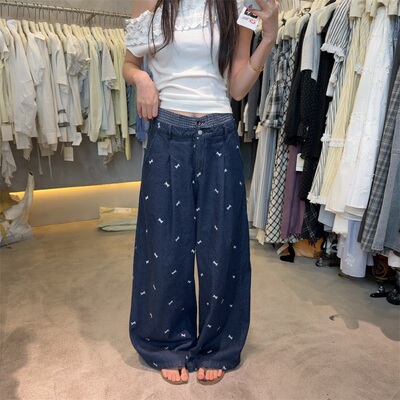 港风设计感高腰阔腿印花牛仔裤