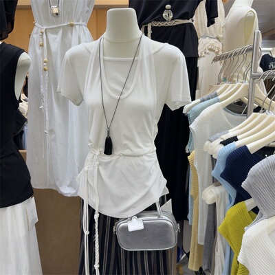 小众设计感假两件挂脖短袖上衣