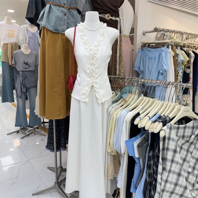 法式木耳边无袖上衣半身裙套装