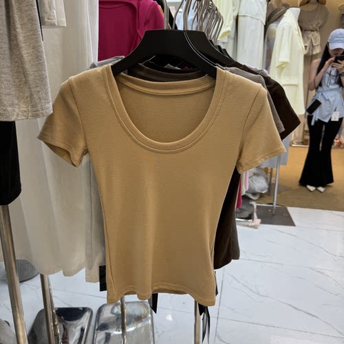 韩版U领纯色修身显瘦短袖T恤女