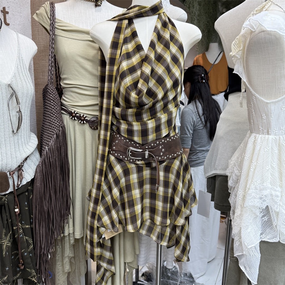 十三行现货2026春新款韩版挂脖印花格子无袖辣妹短裙子k26249w200