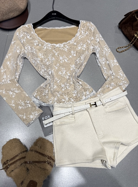 十三行现货2025冬季新款韩版时尚蕾丝打底衫短裤套装女K68647W100