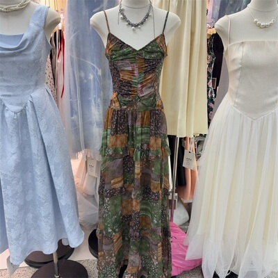 复古拼色设计荷叶边吊带连衣裙