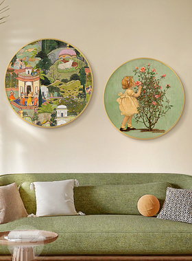 斋浦尔花园法式圆形客厅装饰画古风绿色餐厅壁画复古艺术卧室挂画