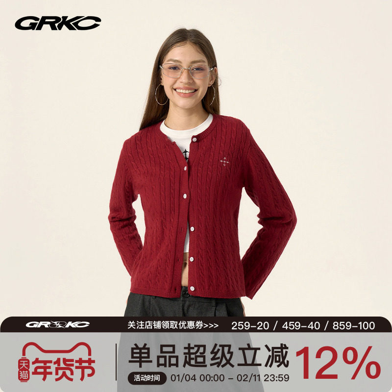 GRKC吉尔卡克 红色纽花针织衫老钱风春季修身短款本命年毛衣外套