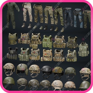Blender军事武器装备背包防弹背心腰带手套头盔耳机迷彩服3D模型