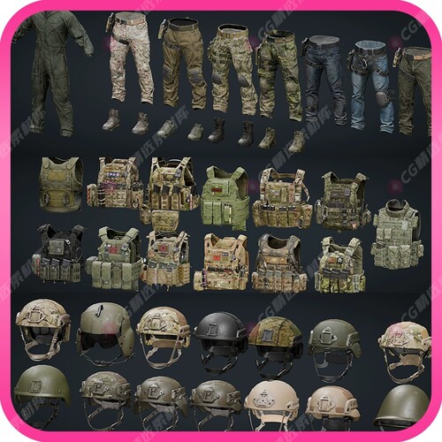 Blender军事武器装备背包防弹背心腰带手套头盔耳机迷彩服3D模型