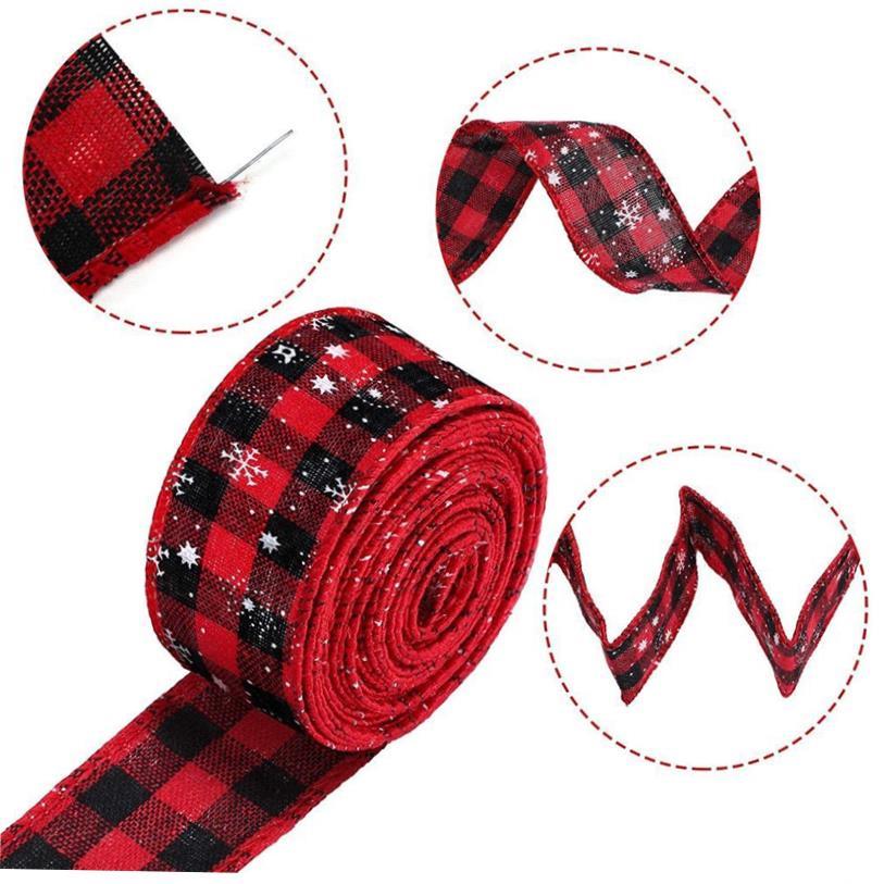 Christmas Red and Black Plaid Ribbon Printed Snowflake Tie