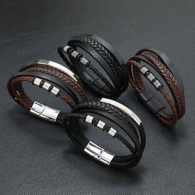 Fashion Black Leather Bracelet For Men Charm Magnetic Braide