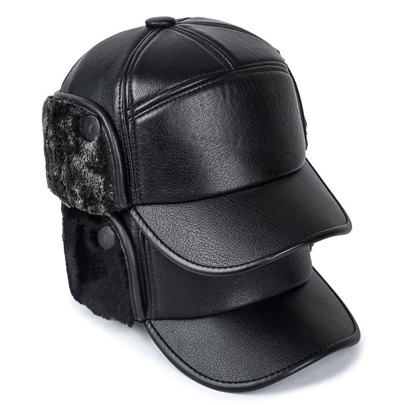 Winter Warm Cap Men Black Leather Fur Baseball Cap Hats for
