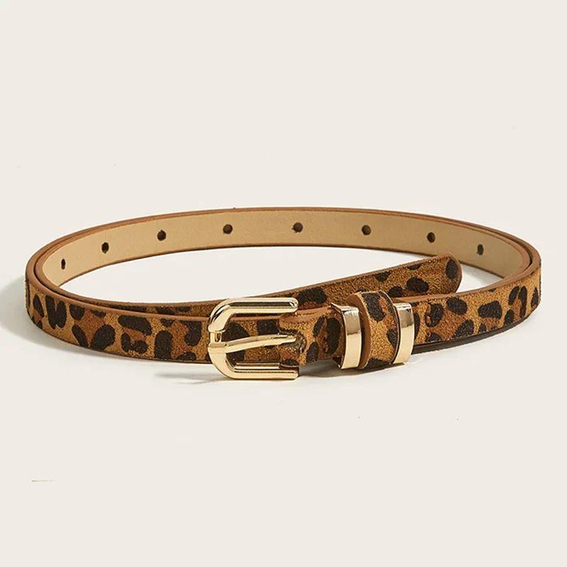 Retro Leopard Print Leather Thin Belt for Women Metal Buckle