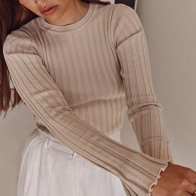 Knitted sweater long sleeved pit stripe bottom top for women