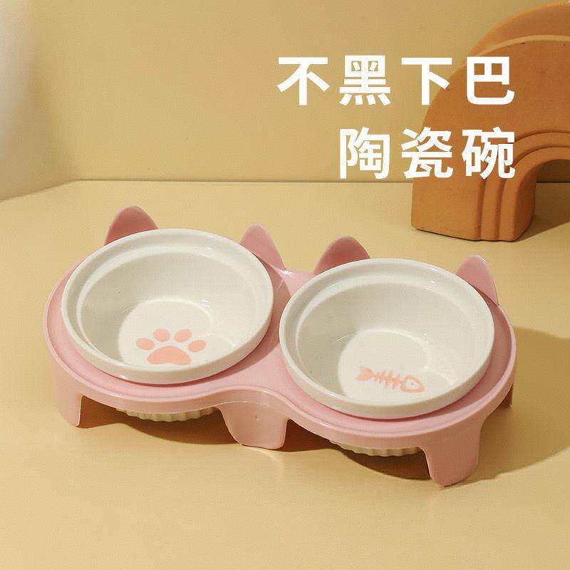 日本猫碗陶瓷猫食盆猫咪碗斜口保护颈椎防打翻双碗喝水喂食宠物碗