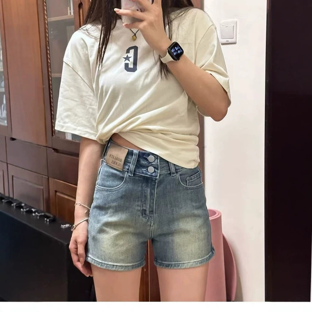 复古弹力牛仔短裤女高腰夏季大码胖mm显瘦梨型身材a字热裤子
