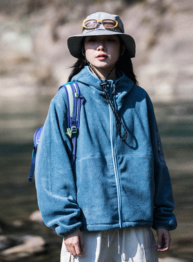 MountainValley复古连帽340G抓绒连帽保暖开衫卫衣男女款登山外套