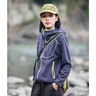 MountainValley秋冬户外撞色摇粒绒连帽卫衣女保暖内搭开衫 外套