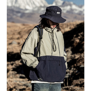 Mountain valley24日系潮牌撞色拼接半拉链连帽套头男女休闲夹克