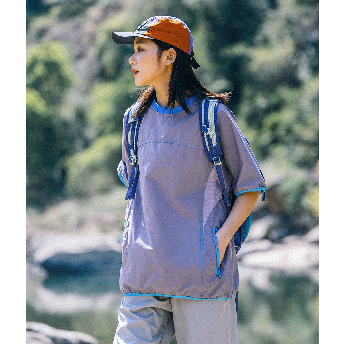 Mountain夏季户外速干机能圆领口袋短袖T恤徒步骑行上衣男女