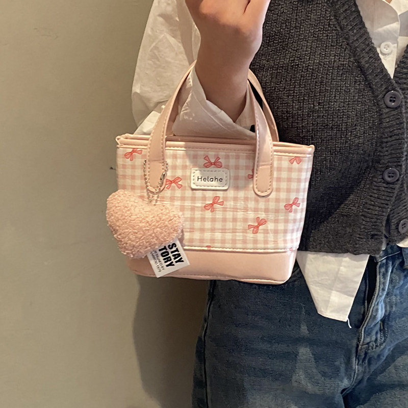 可爱蝴蝶结手提水桶包女2026新款时尚小众撞色格子百搭单肩斜挎包,箱包皮具/热销女包/男包,通用款女包,淘宝优惠券,粉丝福利购,淘宝优惠卷