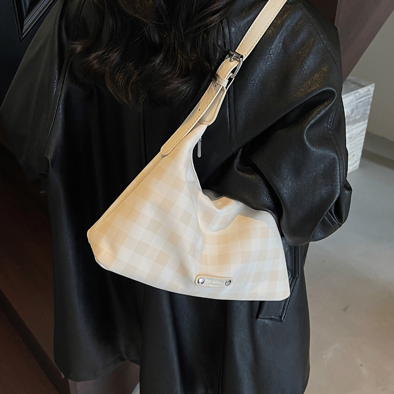 大容量格子包包女2025新款时尚休闲单肩腋下包百搭通勤斜挎托特包